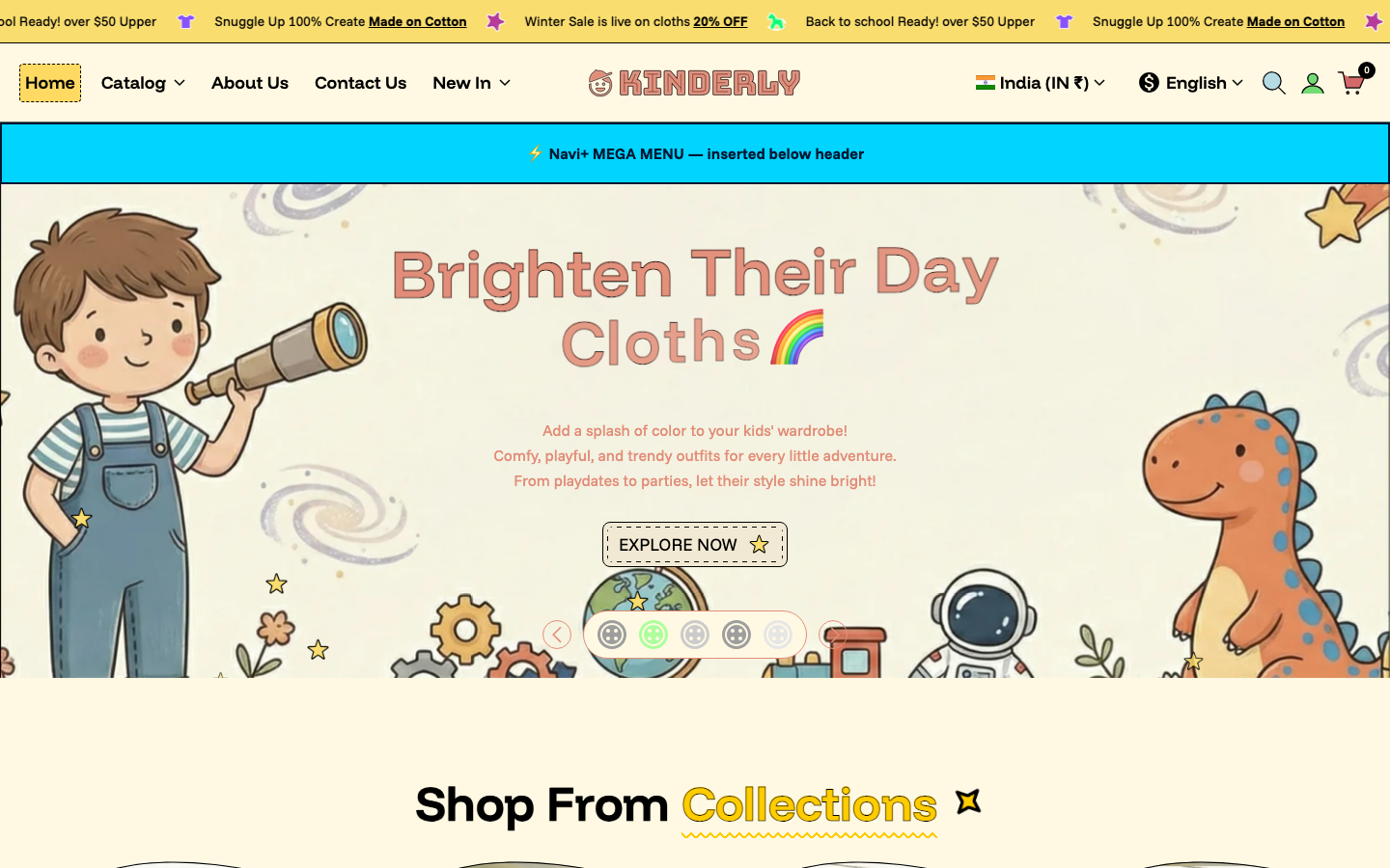 Menu inserted below header — Navi+ on the Kinderly Shopify theme Menu inserted below header — Navi+ on the Kinderly Shopify theme