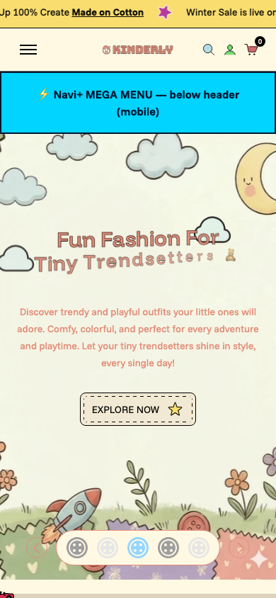 Menu inserted below header — Navi+ on the Kinderly Shopify theme Menu inserted below header — Navi+ on the Kinderly Shopify theme