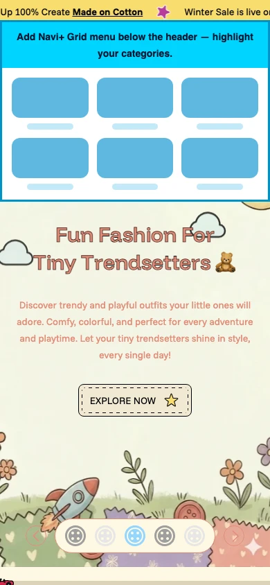 Navi+ Grid Menu on the Kinderly Shopify theme Navi+ Grid Menu on the Kinderly Shopify theme