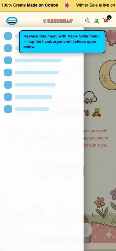 Navi+ Slide Menu on the Kinderly Shopify theme Navi+ Slide Menu on the Kinderly Shopify theme
