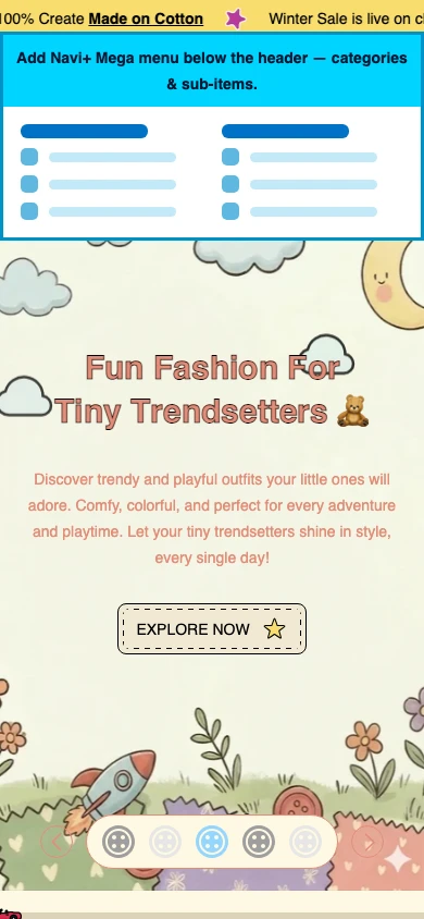 Navi+ mobile Mega Menu on the Kinderly Shopify theme Navi+ mobile Mega Menu on the Kinderly Shopify theme