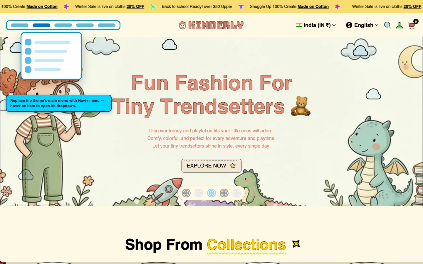 Navi+ Mega Menu replacing the desktop menu on the Kinderly Shopify theme Navi+ Mega Menu replacing the desktop menu on the Kinderly Shopify theme