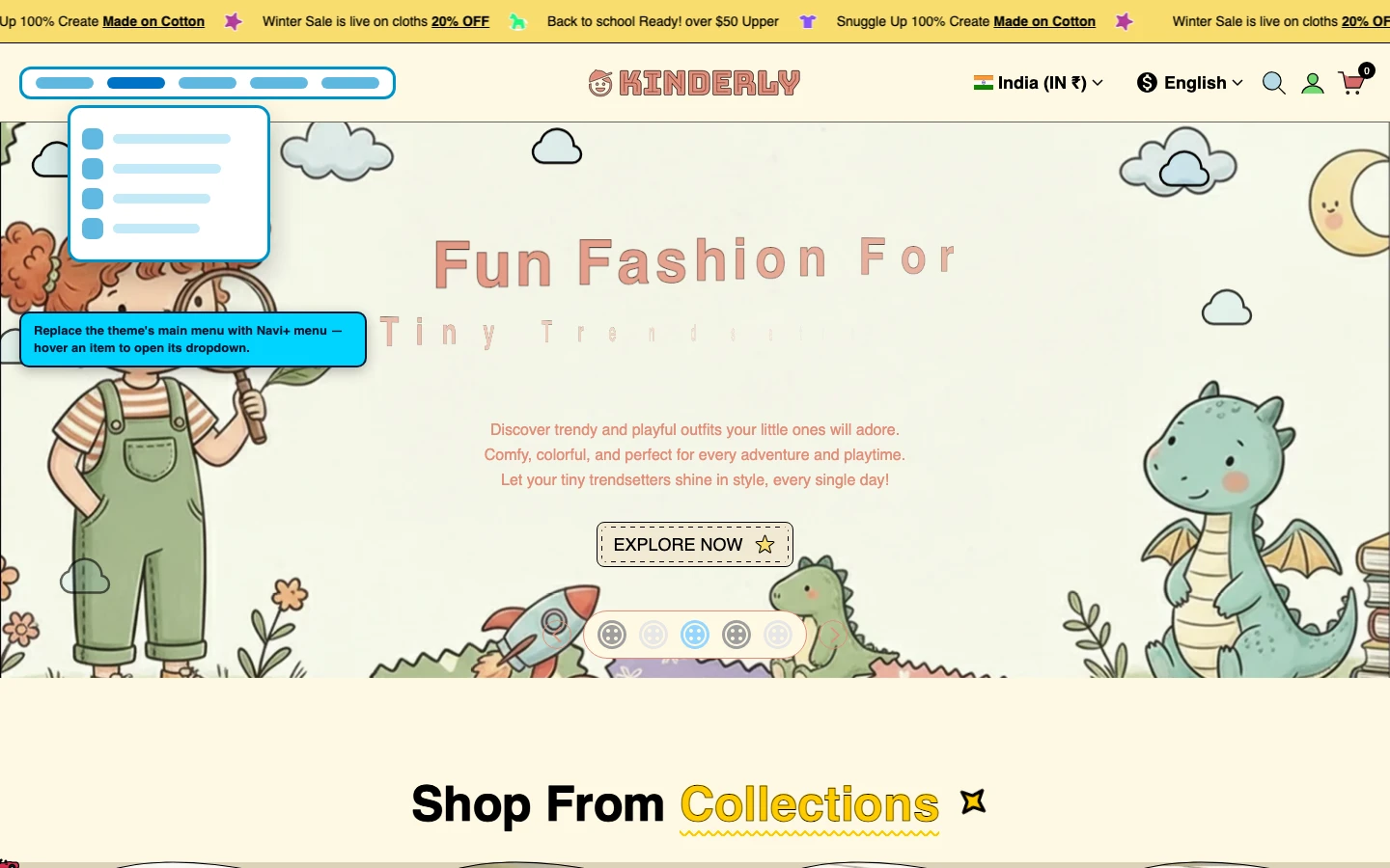Navi+ Mega Menu replacing the desktop menu on the Kinderly Shopify theme Navi+ Mega Menu replacing the desktop menu on the Kinderly Shopify theme