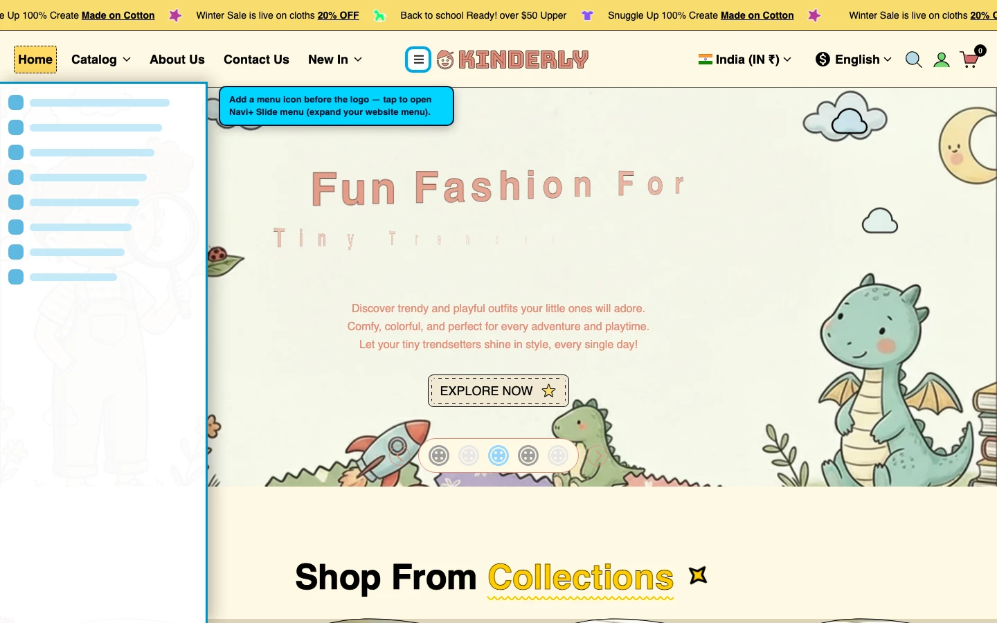 Navi+ trigger icon before the logo on the Kinderly Shopify theme Navi+ trigger icon before the logo on the Kinderly Shopify theme