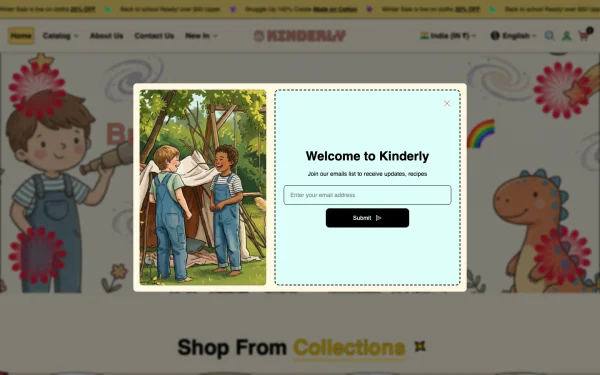 Full-page desktop screenshot of Shopify Kinderly theme demo store