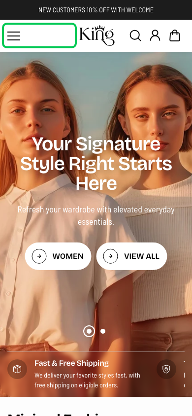 Hamburger → panel opened — Navi+ on the King Shopify theme Hamburger → panel opened — Navi+ on the King Shopify theme