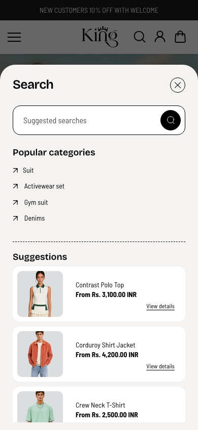 Search → panel opened — Navi+ on the King Shopify theme Search → panel opened — Navi+ on the King Shopify theme
