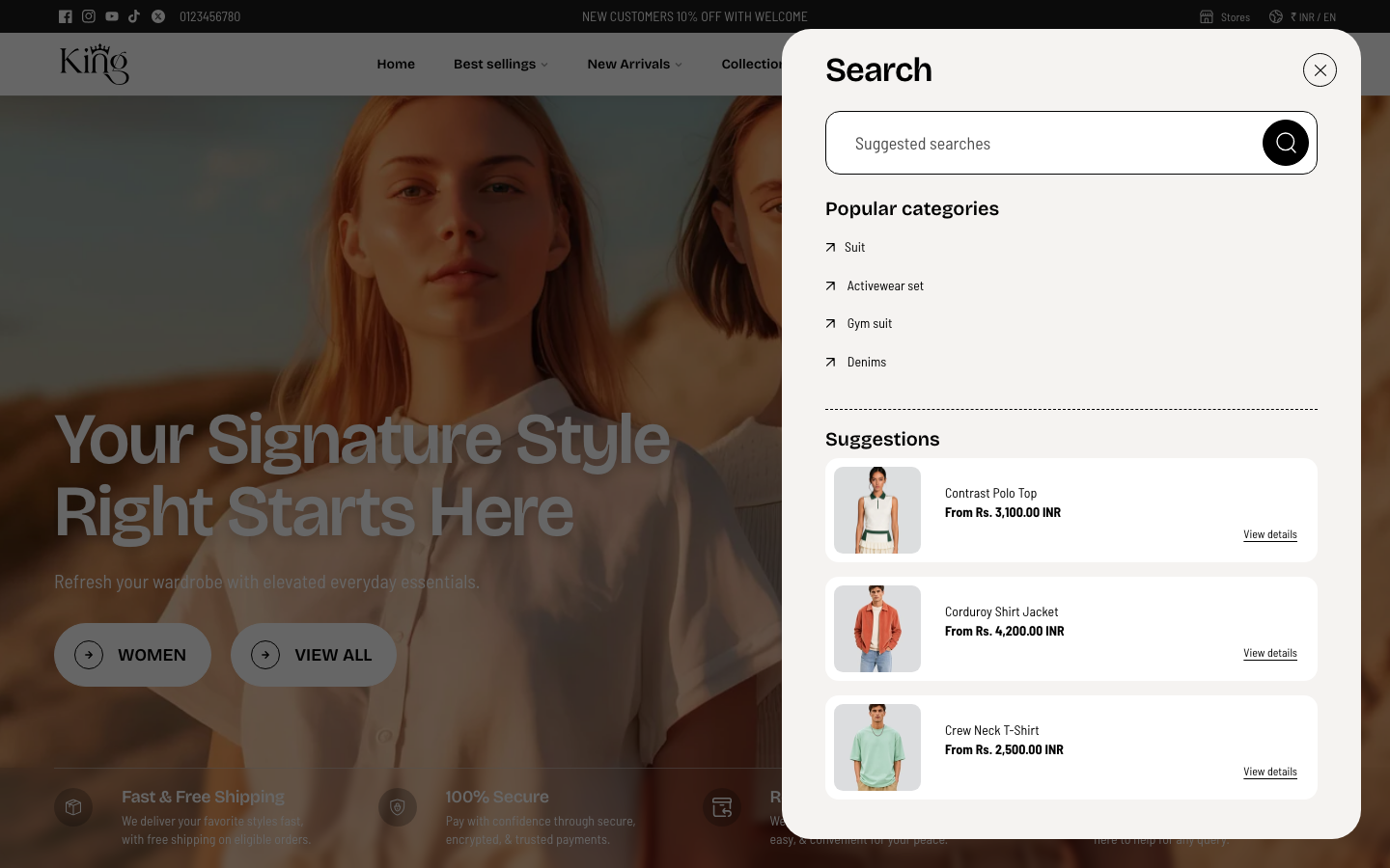 Search → panel opened — Navi+ on the King Shopify theme Search → panel opened — Navi+ on the King Shopify theme