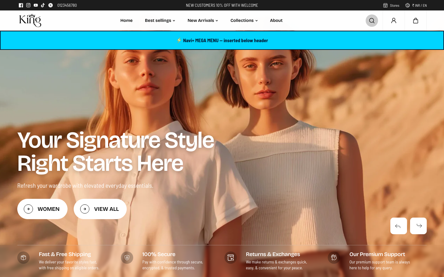 Menu inserted below header — Navi+ on the King Shopify theme Menu inserted below header — Navi+ on the King Shopify theme