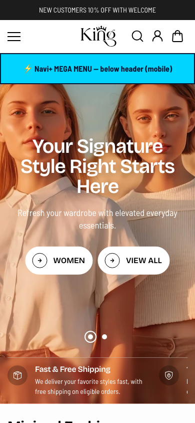 Menu inserted below header — Navi+ on the King Shopify theme Menu inserted below header — Navi+ on the King Shopify theme