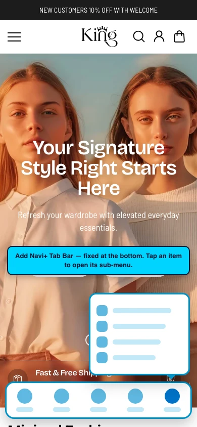 Navi+ Tab Bar on the King Shopify theme Navi+ Tab Bar on the King Shopify theme