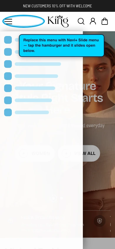 Navi+ Slide Menu on the King Shopify theme Navi+ Slide Menu on the King Shopify theme