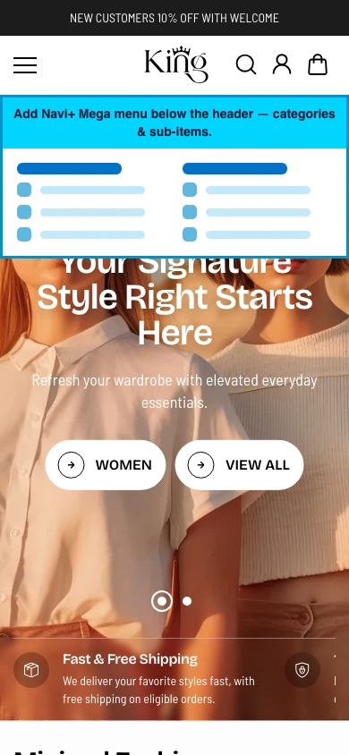 Navi+ mobile Mega Menu on the King Shopify theme Navi+ mobile Mega Menu on the King Shopify theme