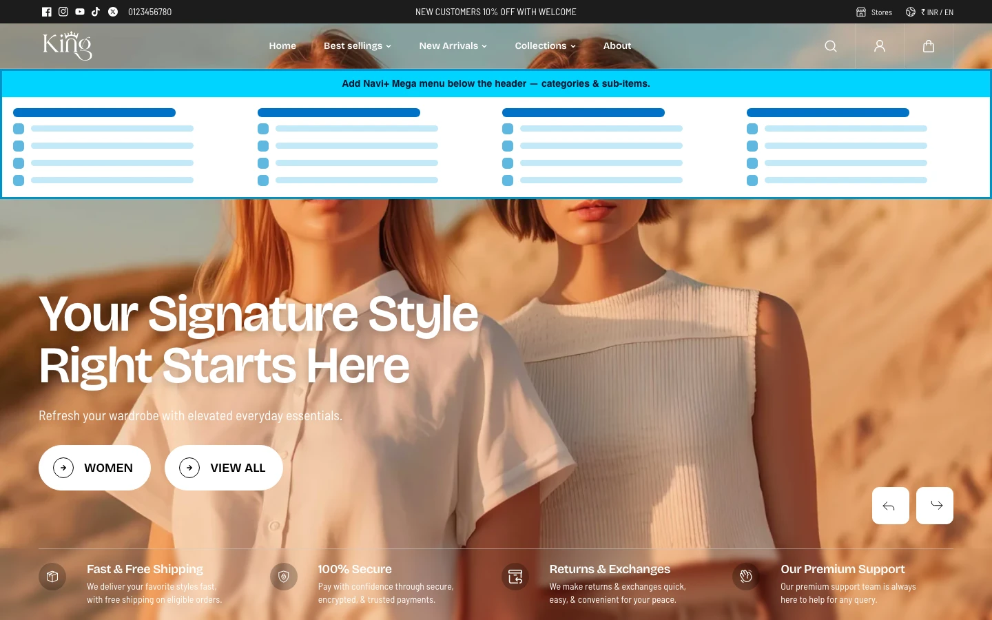 Navi+ Mega Menu inserted below the header on the King Shopify theme Navi+ Mega Menu inserted below the header on the King Shopify theme