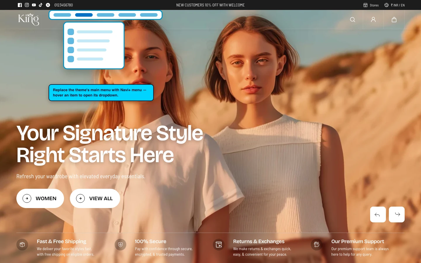 Navi+ Mega Menu replacing the desktop menu on the King Shopify theme Navi+ Mega Menu replacing the desktop menu on the King Shopify theme