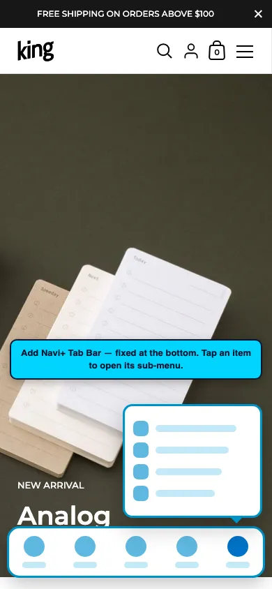 Navi+ Tab Bar on the Kingdom Shopify theme Navi+ Tab Bar on the Kingdom Shopify theme