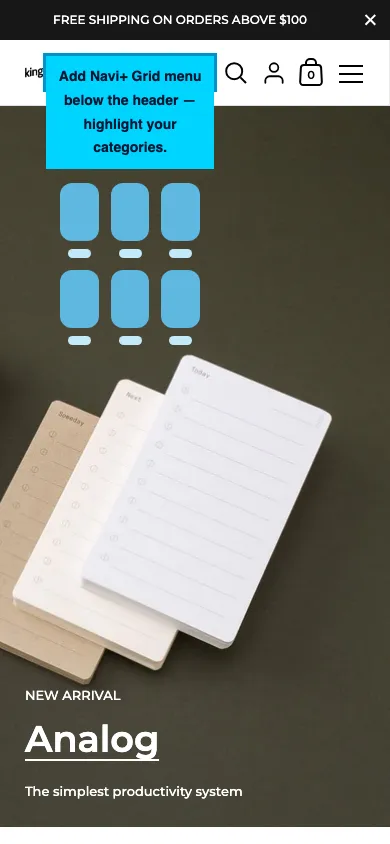 Navi+ Grid Menu on the Kingdom Shopify theme Navi+ Grid Menu on the Kingdom Shopify theme
