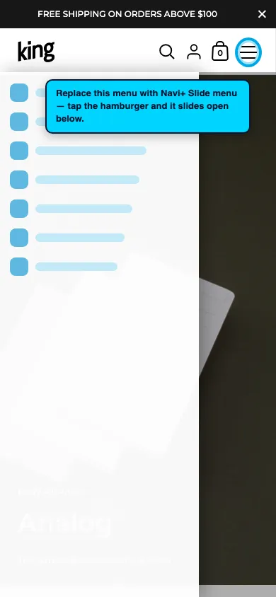 Navi+ Slide Menu on the Kingdom Shopify theme Navi+ Slide Menu on the Kingdom Shopify theme