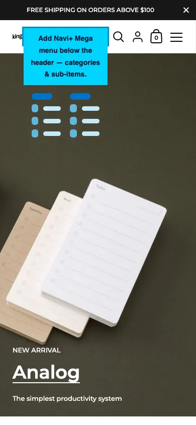 Navi+ mobile Mega Menu on the Kingdom Shopify theme Navi+ mobile Mega Menu on the Kingdom Shopify theme