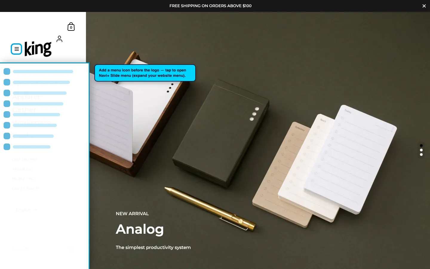 Navi+ trigger icon before the logo on the Kingdom Shopify theme Navi+ trigger icon before the logo on the Kingdom Shopify theme