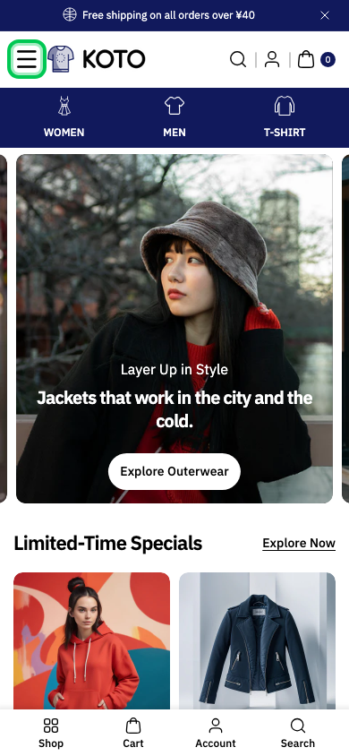 Hamburger → panel opened — Navi+ on the Koto Shopify theme