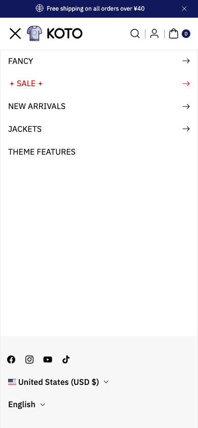Hamburger → panel opened — Navi+ on the Koto Shopify theme