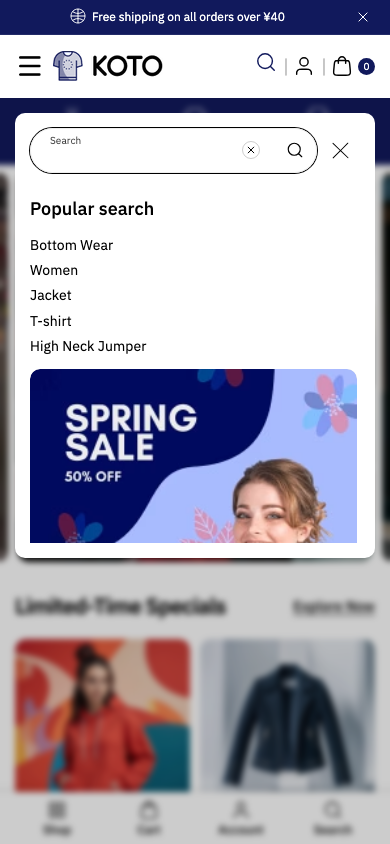 Search → panel opened — Navi+ on the Koto Shopify theme