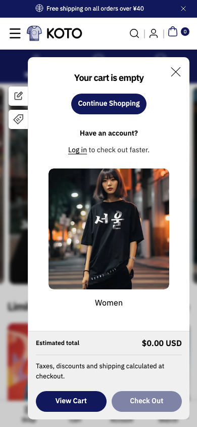 Cart → panel opened — Navi+ on the Koto Shopify theme