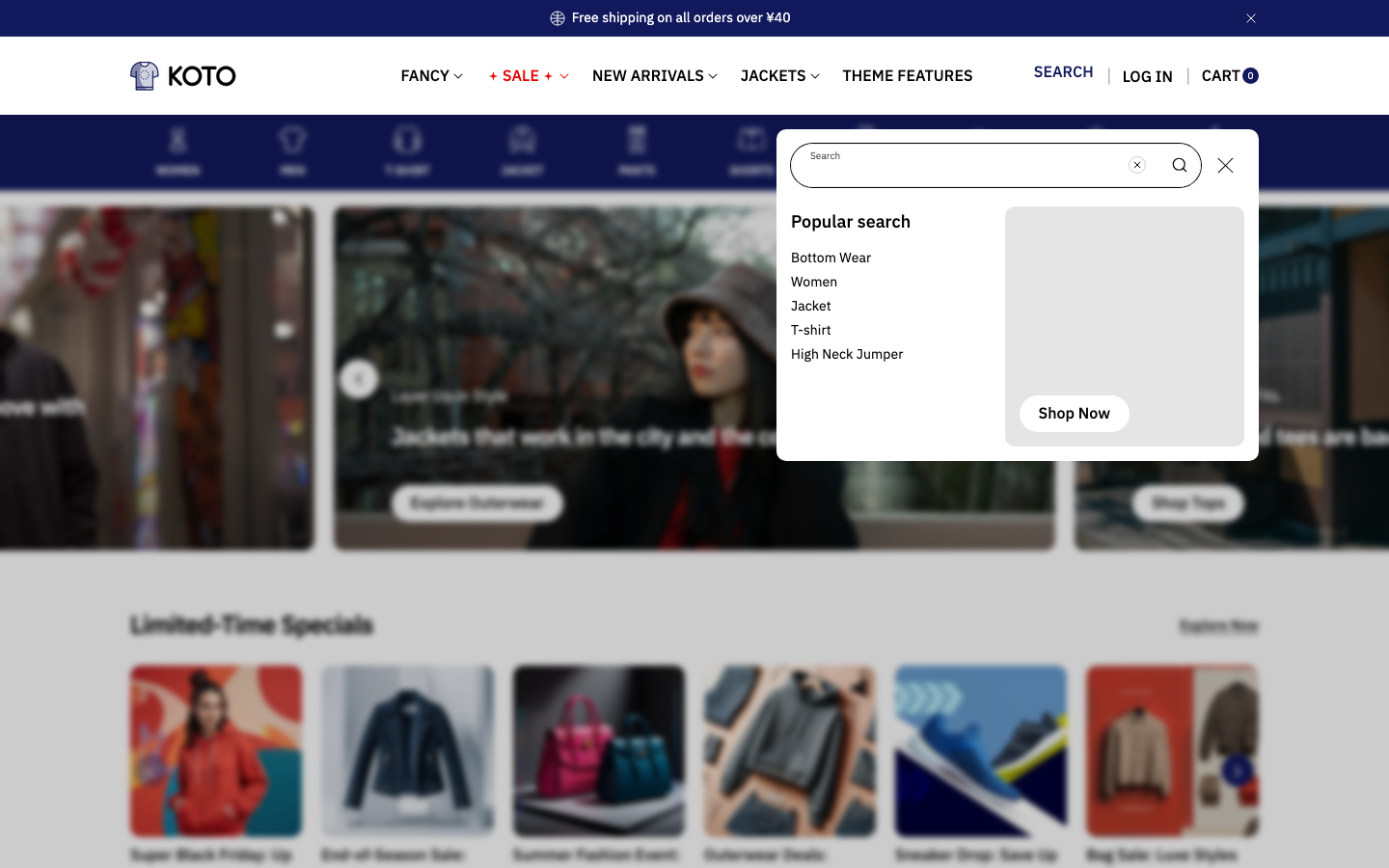 Search → panel opened — Navi+ on the Koto Shopify theme