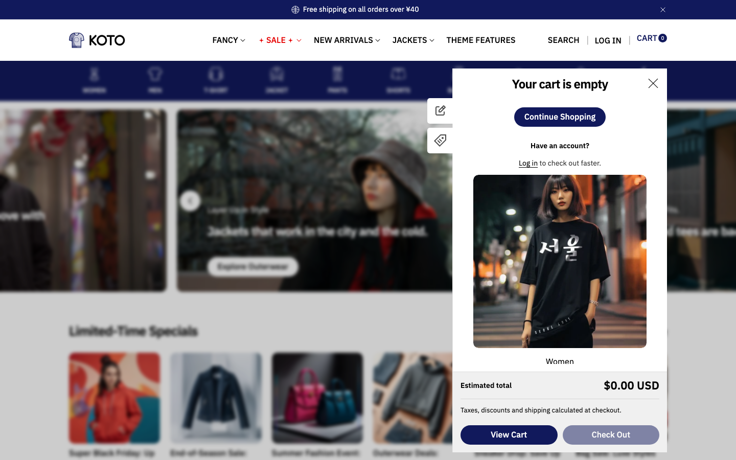 Cart → panel opened — Navi+ on the Koto Shopify theme