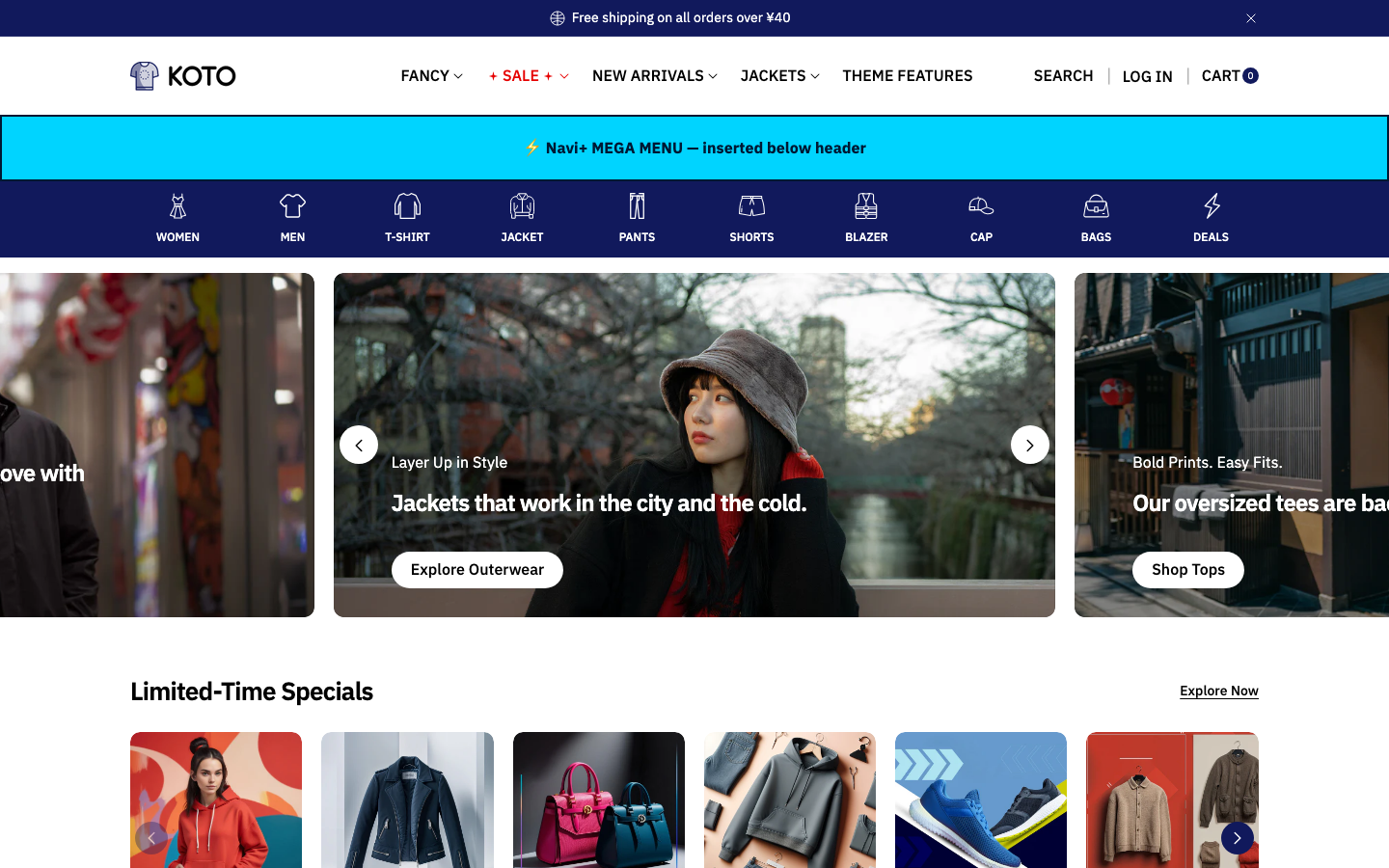 Menu inserted below header — Navi+ on the Koto Shopify theme