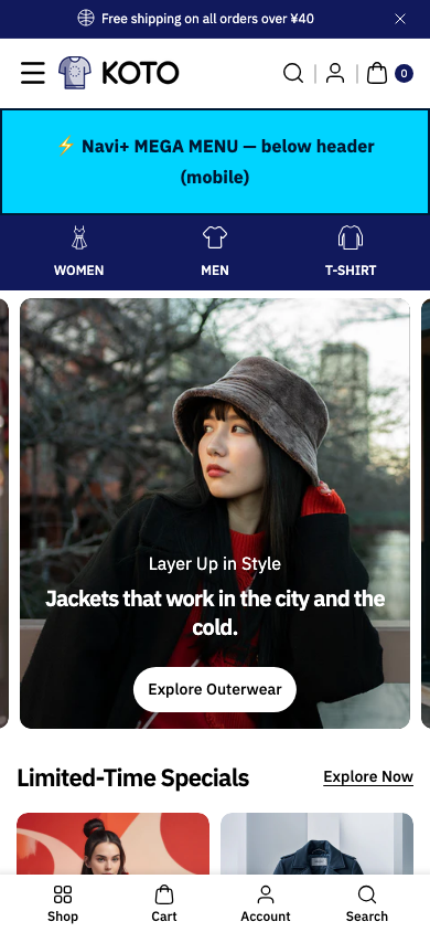Menu inserted below header — Navi+ on the Koto Shopify theme