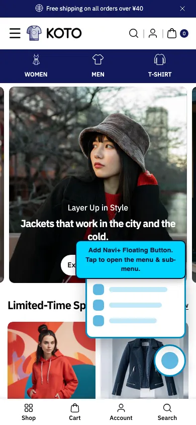 Navi+ FAB on the Koto Shopify theme Navi+ FAB on the Koto Shopify theme