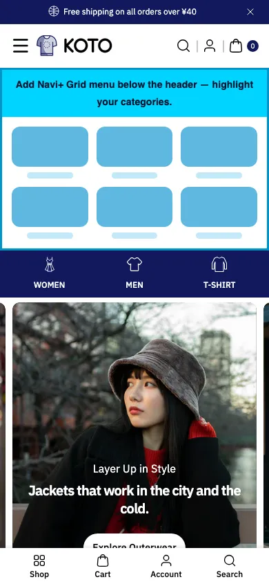 Navi+ Grid Menu on the Koto Shopify theme Navi+ Grid Menu on the Koto Shopify theme