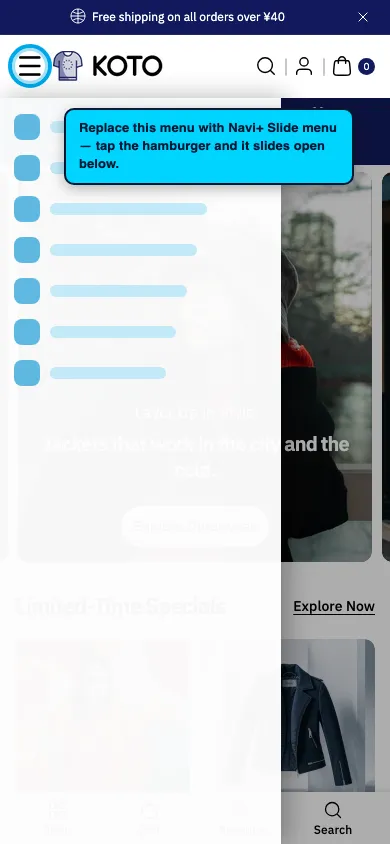 Navi+ Slide Menu on the Koto Shopify theme Navi+ Slide Menu on the Koto Shopify theme