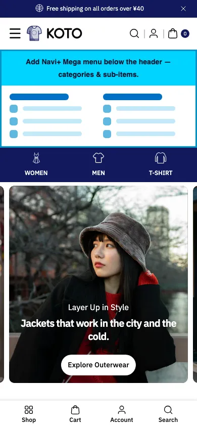 Navi+ mobile Mega Menu on the Koto Shopify theme Navi+ mobile Mega Menu on the Koto Shopify theme