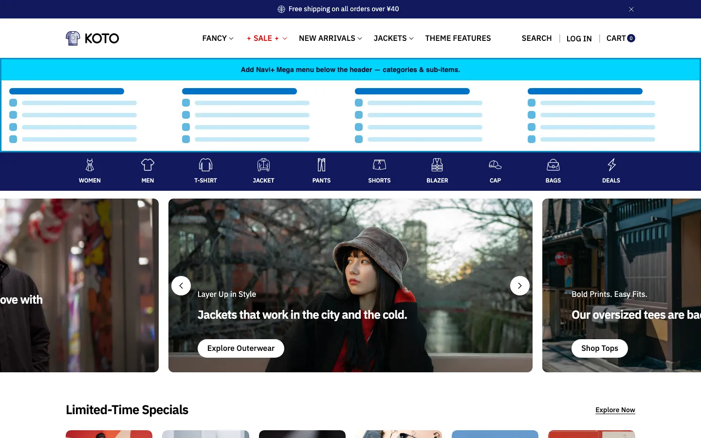 Navi+ Mega Menu inserted below the header on the Koto Shopify theme Navi+ Mega Menu inserted below the header on the Koto Shopify theme