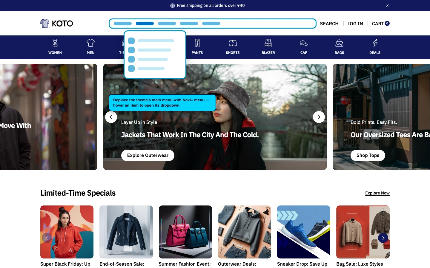 Navi+ Mega Menu replacing the desktop menu on the Koto Shopify theme Navi+ Mega Menu replacing the desktop menu on the Koto Shopify theme