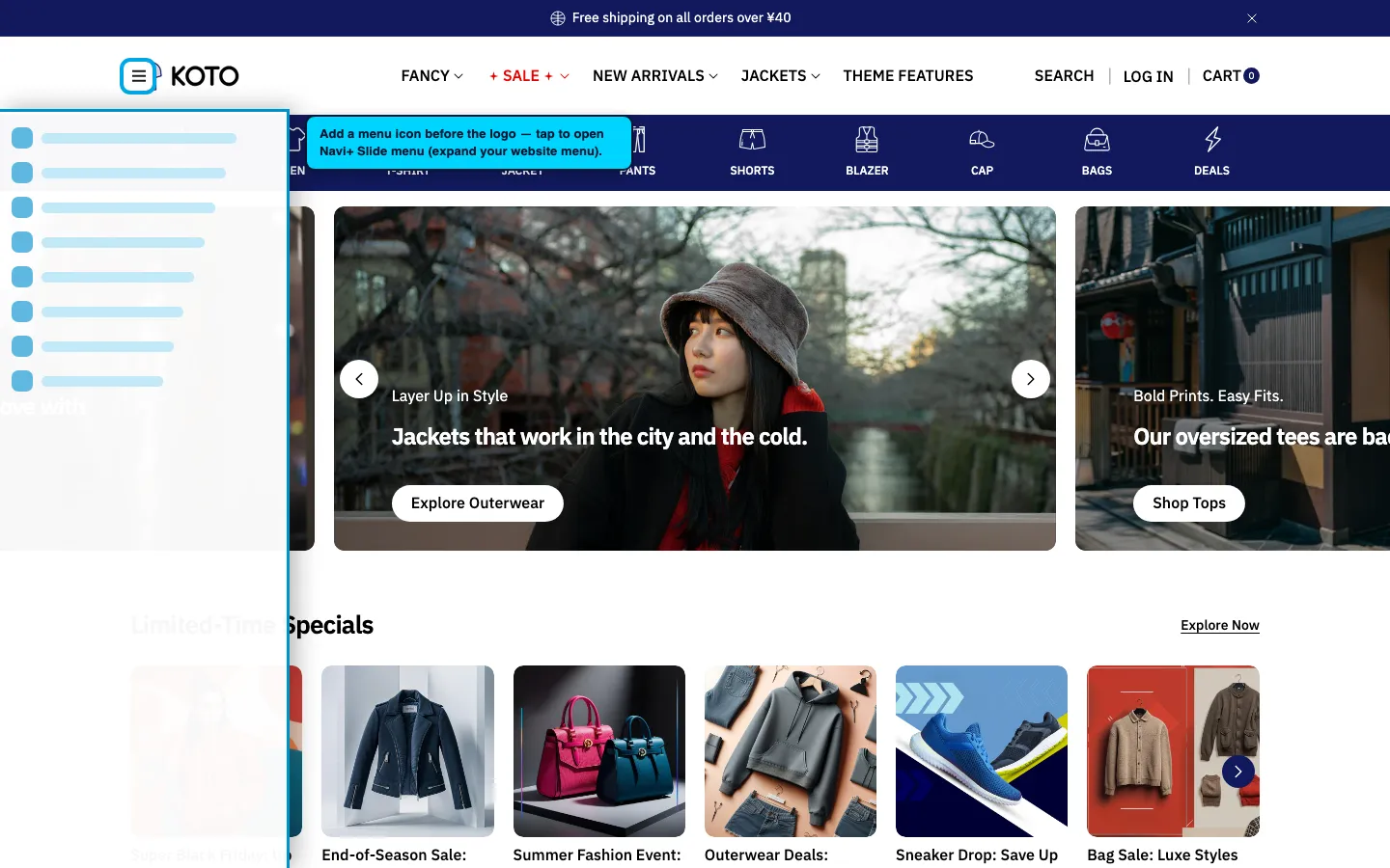 Navi+ trigger icon before the logo on the Koto Shopify theme Navi+ trigger icon before the logo on the Koto Shopify theme