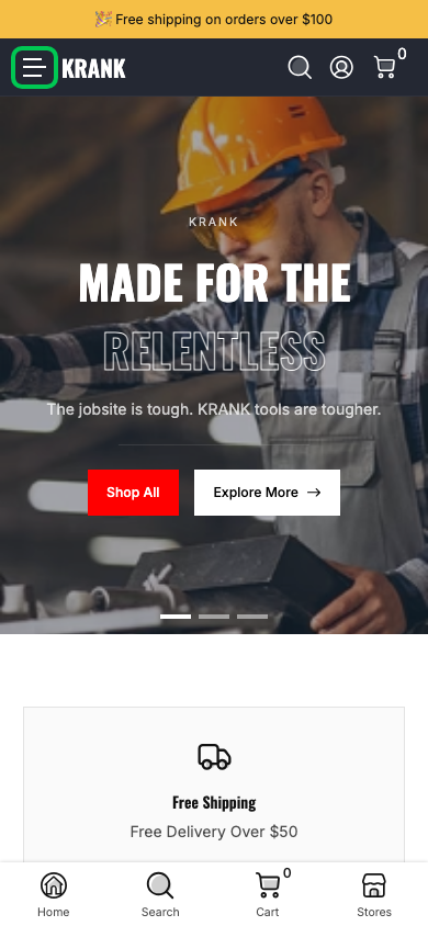 Hamburger → panel opened — Navi+ on the Krank Shopify theme Hamburger → panel opened — Navi+ on the Krank Shopify theme