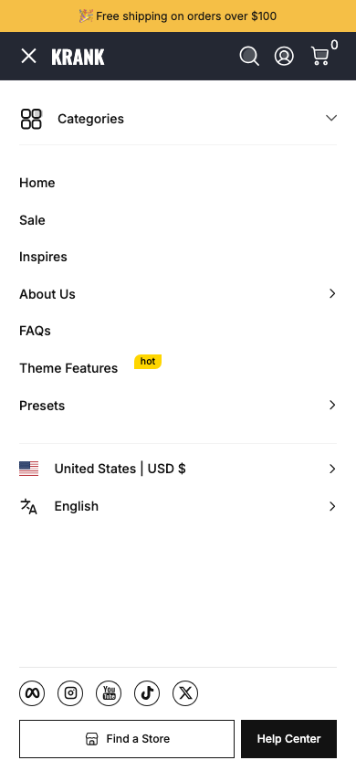 Hamburger → panel opened — Navi+ on the Krank Shopify theme Hamburger → panel opened — Navi+ on the Krank Shopify theme
