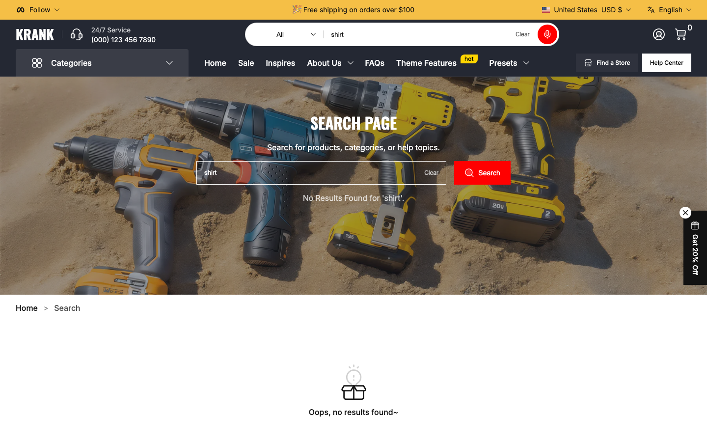 Search → panel opened — Navi+ on the Krank Shopify theme Search → panel opened — Navi+ on the Krank Shopify theme