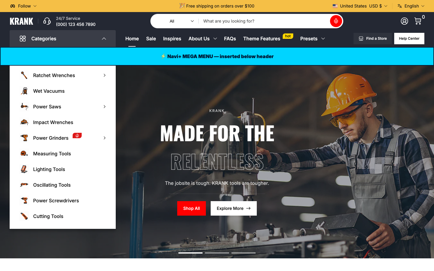Menu inserted below header — Navi+ on the Krank Shopify theme Menu inserted below header — Navi+ on the Krank Shopify theme