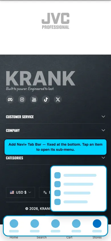 Navi+ Tab Bar on the Krank Shopify theme Navi+ Tab Bar on the Krank Shopify theme
