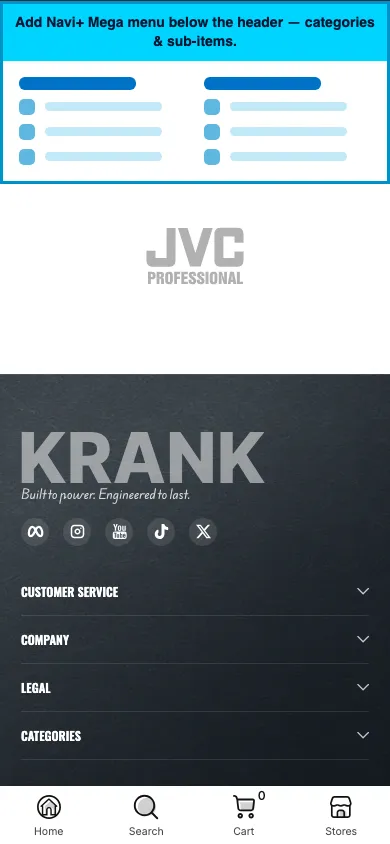 Navi+ mobile Mega Menu on the Krank Shopify theme Navi+ mobile Mega Menu on the Krank Shopify theme
