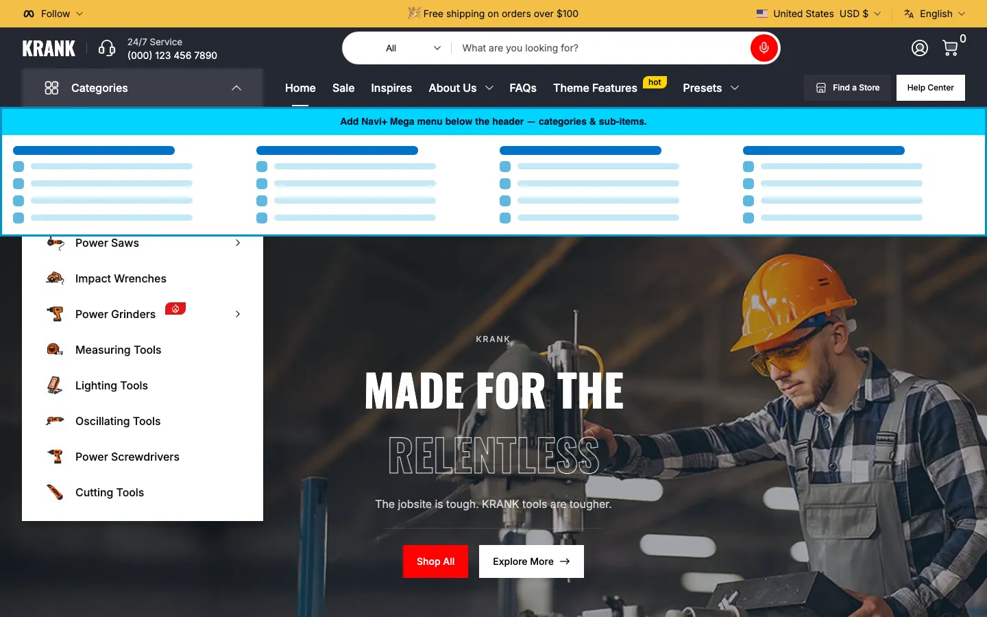 Navi+ Mega Menu inserted below the header on the Krank Shopify theme Navi+ Mega Menu inserted below the header on the Krank Shopify theme