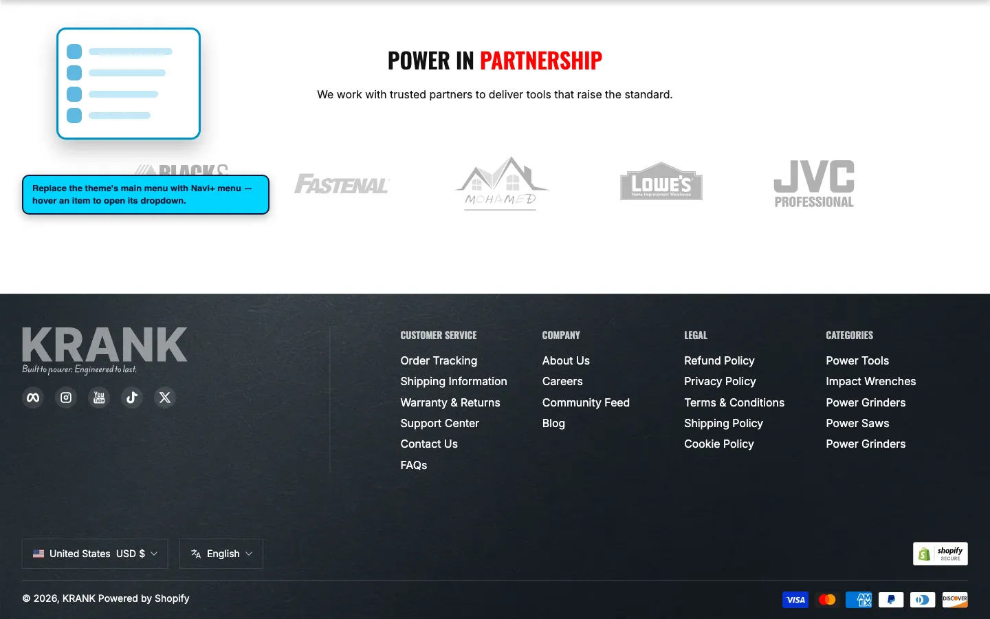 Navi+ Mega Menu replacing the desktop menu on the Krank Shopify theme Navi+ Mega Menu replacing the desktop menu on the Krank Shopify theme