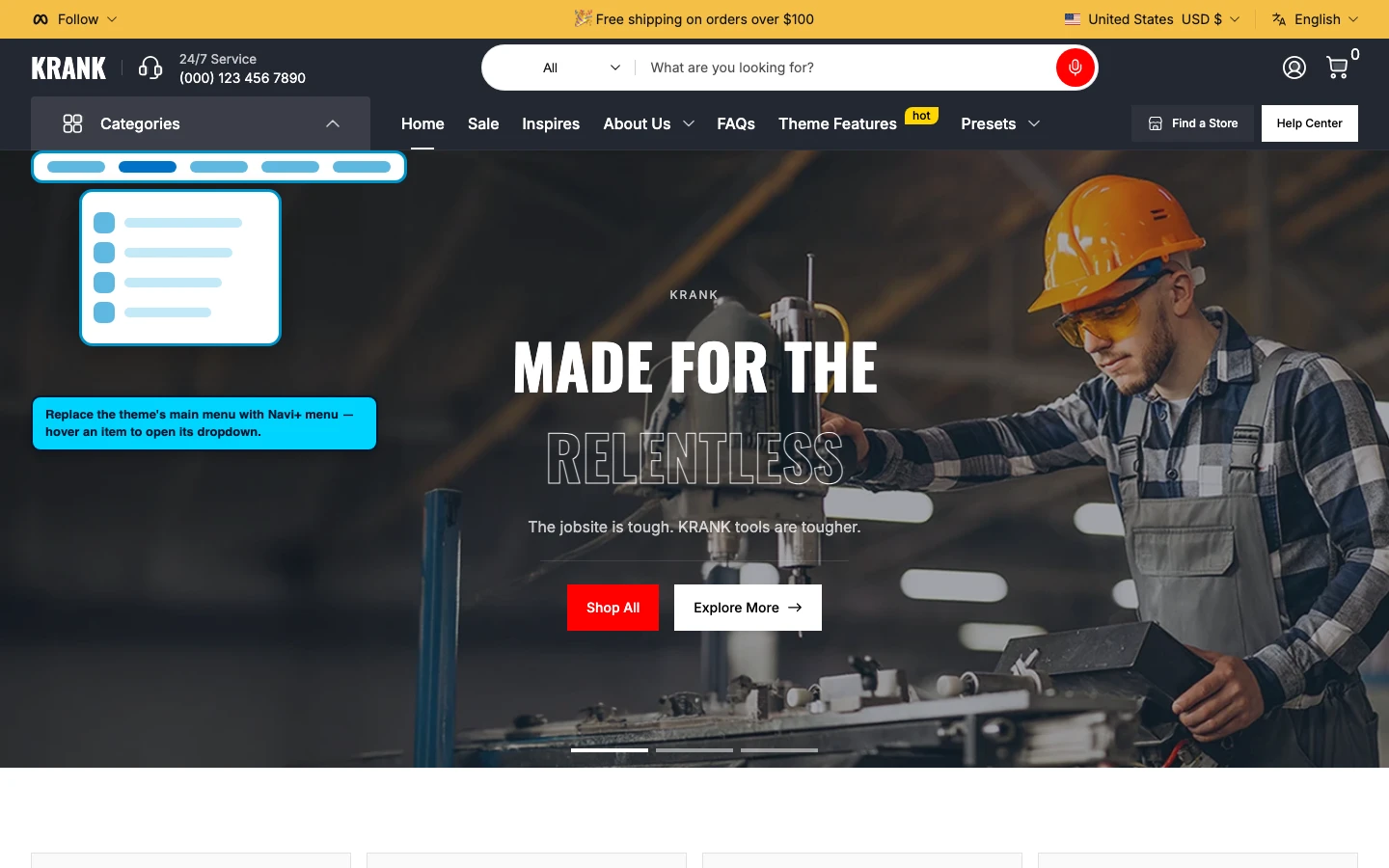 Navi+ Mega Menu replacing the desktop menu on the Krank Shopify theme Navi+ Mega Menu replacing the desktop menu on the Krank Shopify theme