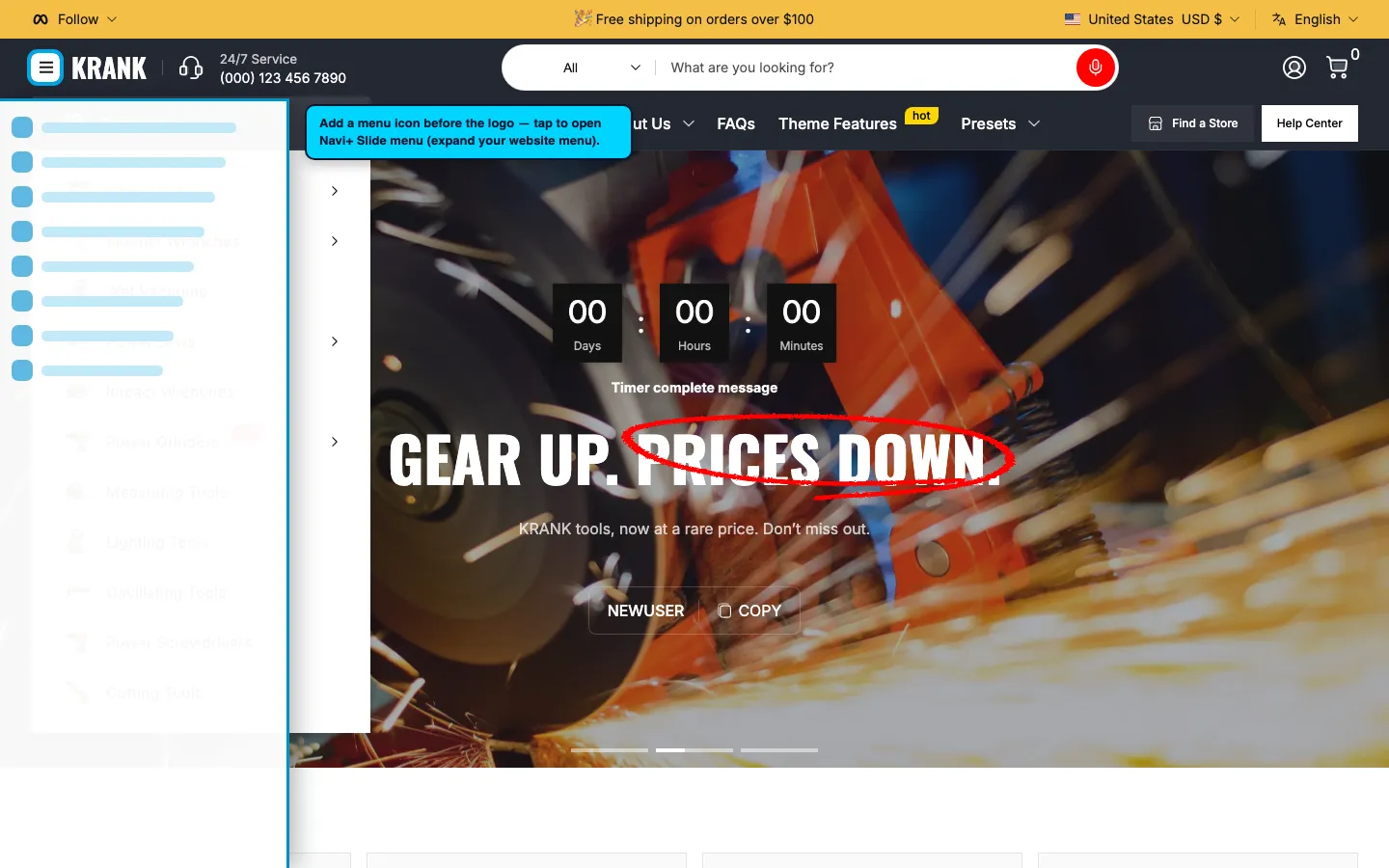 Navi+ trigger icon before the logo on the Krank Shopify theme Navi+ trigger icon before the logo on the Krank Shopify theme