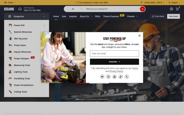Navi+ menus on the Krank Shopify theme — desktop preview
